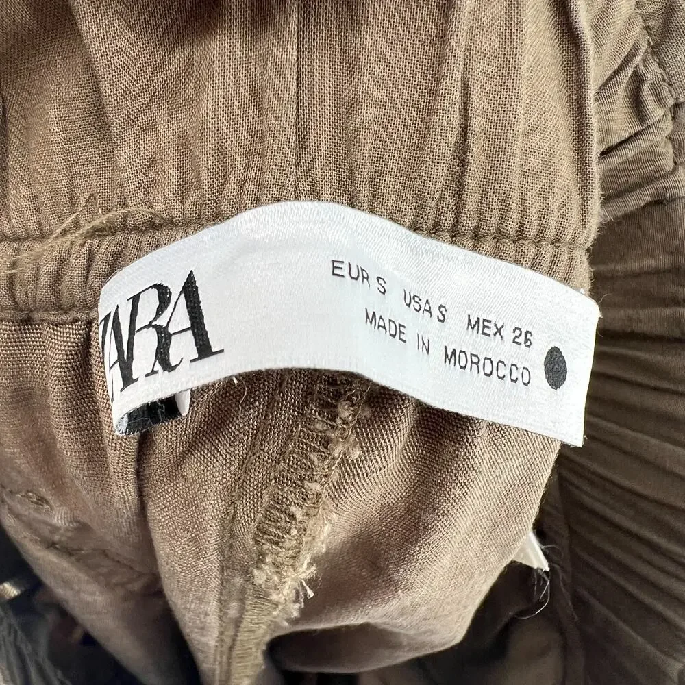 Zara Pants‎ Womens S Geen Brown Cargo Pocket Linen Utility Boho Gorpcore